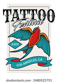 Old school tattoo festival emblem template. Traditional tattoo style design with typography and swallow bird. Vector graphic.