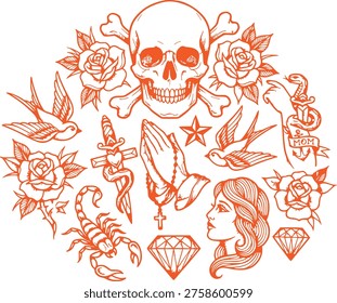 old school tattoo flash sheet with skull roses and traditional motifs