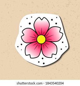 Old school tattoo flower colorful sticker. Hand drawn black outline bright pink inflorescence. Traditional classic tattoo sketch. Stock vector illustration isolated on white background.