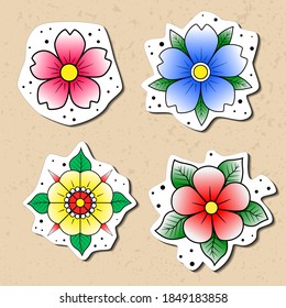 Old school tattoo flower sticker pack. Hand drawn black outline bright yellow cyan blue red inflorescence. Traditional classic sketch tattoo flash set. Stock vector illustration isolated on white.