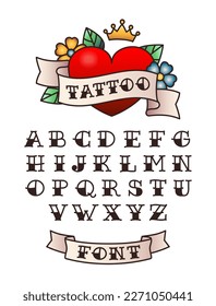 Old school tattoo font. American traditional lettering, hand drawn sailor tattoos style letters vector set. Latin alphabet, bold typeface. Here with flowers and headline on ribbon, retro design