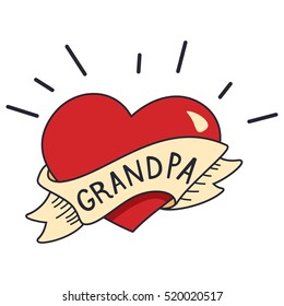 Old school tattoo heart, ribbon and the words "Grandpa". Vector retro element on a white background.