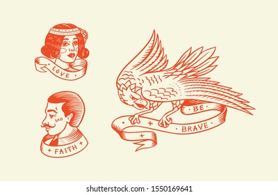 Old school Tattoo. Hipster man and woman and eagle. Engraved hand drawn vintage retro sketch for badge or logo.