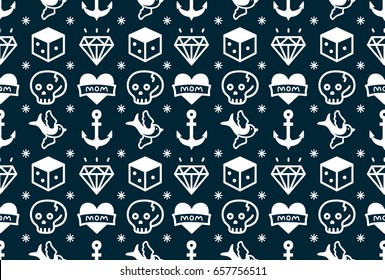 Old school tattoo hipster style seamless pattern. vector illustration icon design. white, blue. anchor, heart, love. skull,swallow,dice,diamond. 