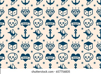 Old school tattoo hipster style seamless pattern. vector illustration icon design. white, blue. anchor, heart, love. skull,swallow,dice,diamond. 