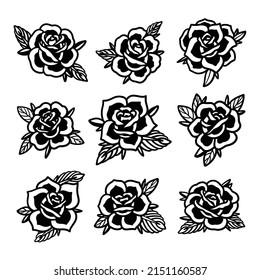 Old school tattoo icons set with roses symbols isolated vector illustration