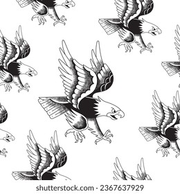 Old school tattoo illustration pattern, shadowed American eagle with white background