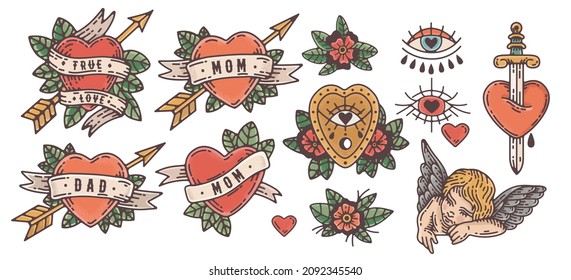 old school tattoo illustration vector set. hand drawn valentine heart illustrations, angel, pierced heart, mom heart tattoo, dad heart tattoo, amor, love  traditional tattoo style