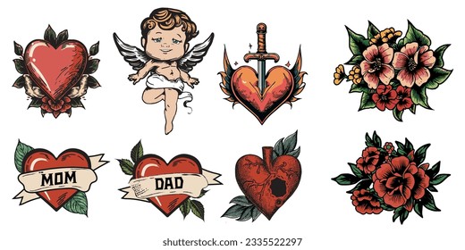 old school tattoo illustration vector set. hand drawn valentine heart illustrations, angel, pierced heart, mom heart tattoo, dad heart tattoo, amor, love traditional tattoo style.