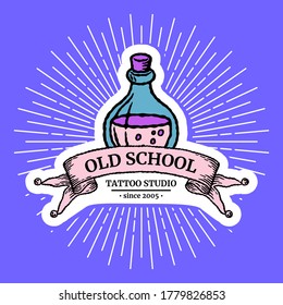 Old school tattoo logo with bottle and engraving ribbon with outline and shadow in modern bright colored blue, pink and violet retro style