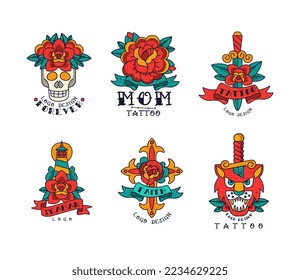 Tatuaje de la vieja escuela y diseño de logotipos con cráneo, espada, tigre, faro, conjunto de vectores de símbolos de la Cruz y la Rosa Roja
