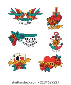 Tatuaje de la vieja escuela y diseño de logotipos con conjunto de vectores para tragos, pistolas, tarjetas, anclas, símbolos de corazón y rosa roja