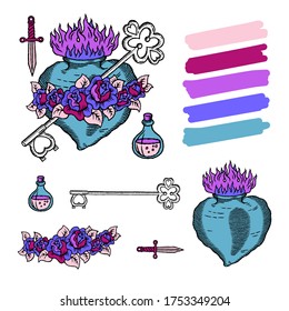 Old school tattoo logo with heart, roses and engraving ribbon with outline and shadow in modern bright colored green, blue, pink and violet retro style