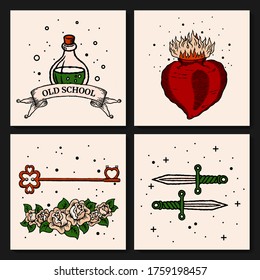Old school tattoo logo with heart, roses and engraving ribbon with outline and shadow in red, beige, green and grey colors in retro style