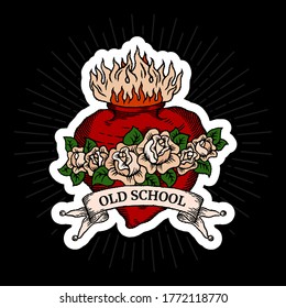 Logo del tatuaje de la vieja escuela con corazón, rosas y cinta grabadora con contorno y sombra en colores clásicos rojos, verdes y beige en estilo retro