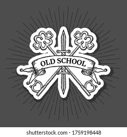 Old school tattoo logo with key and knife with outline and shadow in classic black and white retro style