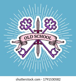 Old school tattoo logo with key, knife and engraving ribbon with outline and shadow in modern bright colored blue, pink and violet retro style