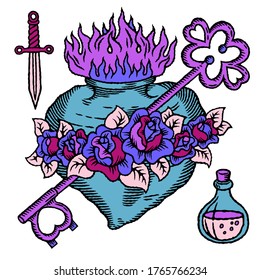 Old school tattoo logo set with heart, roses, key, bottle and knife with outline in modern bright colored green, blue, pink and violet retro style