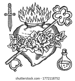 Old school tattoo logo set with heart, roses, key, bottle and knife with outline in black and white colors and retro style