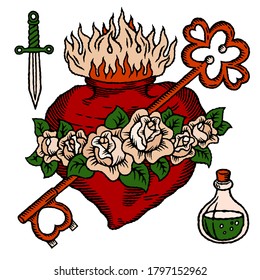 Old school tattoo logo set with heart, roses, key, bottle and knife with outline in modern bright colored green, red, beige and orange retro style