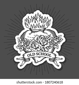 Old School Tattoo Logo Set With Heart, Roses, Fire And Ribbon With Outline In Black And White Colors, Outline And Retro Style