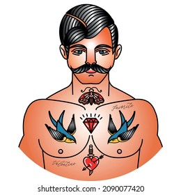 Old School tattoo of man. Sketch of man with tattoos . Vector illustration in oldschool retro style 