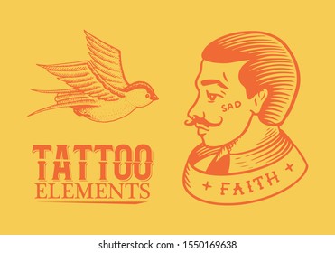 Old school Tattoo. Man and swallow on a yellow background. Engraved hand drawn vintage retro sketch for notebook or logo.