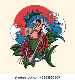 old school tattoo mermaid vector design