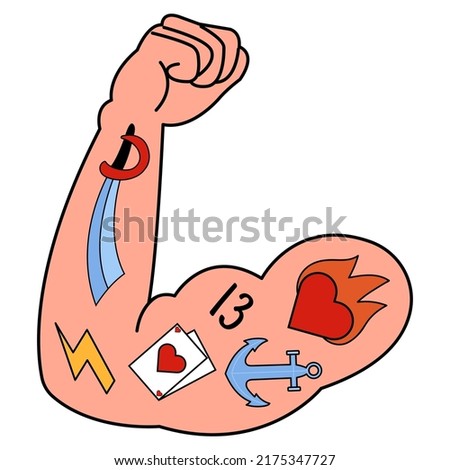 Old school tattoo on male arm with flexed muscles isolated on a white background.