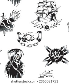 Old school tattoo pattern, grim reaper, caravel, handshake, sacred heart of Jesus, black rose.