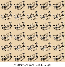 old school tattoo pattern handshake with the devil, handcuffed hands, tattooed fingers, beige background
