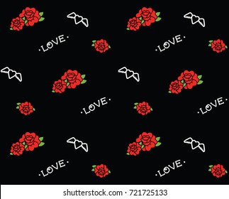 Old school tattoo pattern with hearts and roses.