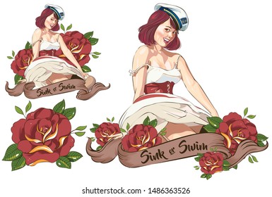 old school Tattoo pin up girl with Flower