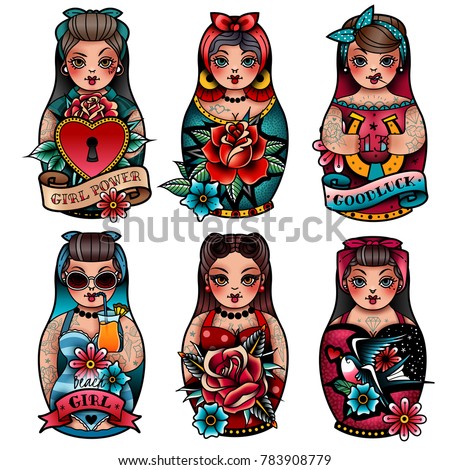 Old school tattoo Pin Up Russian Dolls Set