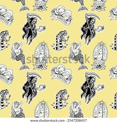old school tattoo rapport black line, white background, sticker style, grim reaper, mermaid, lighthouse, snake, baby inside pink