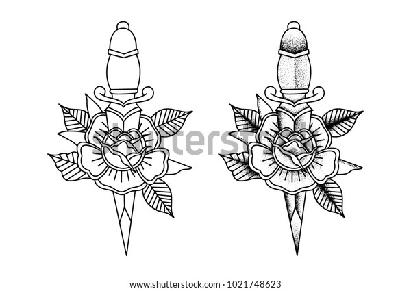 Old School Tattoo Rose Knife Stock Vector Royalty Free 1021748623