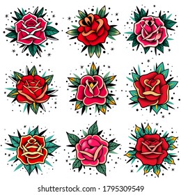 Old School Tattoo Roses Set. Vector Elements Collection. Traditional American Tattoo Flowers.