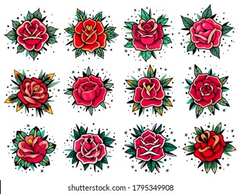 Old school tattoo roses set. Vector elements collection. Traditional american tattoo flowers.