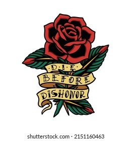 Old school tattoo with roses symbols isolated vector illustration