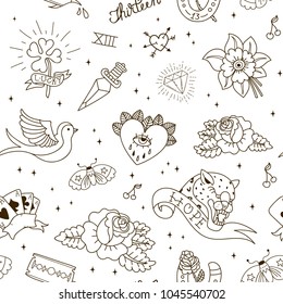 Old school tattoo seamless pattern. Tattoo Collection: dagger, flower, star, clover, leopard, blade, heart, diamond, swallow, star, horseshoe. Vector illustration.
