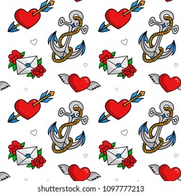 Old school tattoo seamless pattern. Vintage tattoos for men, color body element, repeated decorative design. Vector flat style cartoon illustration isolated on white background