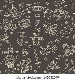 Old School Tattoo Seamless Pattern. Cartoon Tattoo Elements In Funny Style: Anchor, Dagger, Skull, Flower, Star, Heart, Diamond, Scull And Swallow