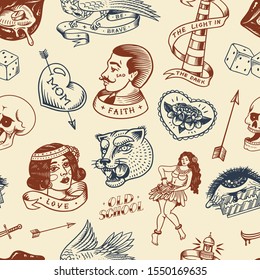 Old school Tattoo Seamless pattern. Hawaiian hula dancer woman, lighthouse, panther, skull and snake. Engraved hand drawn sketch for print.