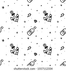 Old school tattoo seamless pattern. Hand drawn vector background. Tattoos in funny style: rose, daisy, star, bottle, heart, swallow, love, luck, death, knife, mom, dad, anchor, diamond.
