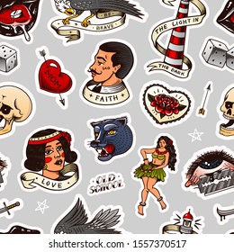 Old school Tattoo Seamless pattern. Hawaiian hula dancer woman, lighthouse, panther, skull and snake. Engraved hand drawn sketch for print.