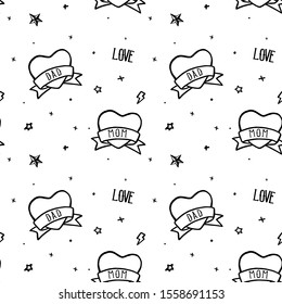 Old school tattoo seamless pattern. Hand drawn vector background. Tattoos in funny style: rose, daisy, star, bottle, heart, swallow, love, luck, death, knife, mom, dad, anchor, diamond.