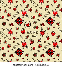 Alte Schule tätowierte nahtlose Muster mit Liebessymbolen. Vektorgrafik. Design für den Valentinstag, Stilts, Packpapier, Verpackungen, Textilien 