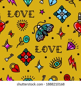 Old school tattoo seamless pattern with love symbols. Vector illustration. Design For Valentine's Day, Stilts, Wrapping Paper, Packaging, Textiles 