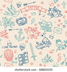 Old School Tattoo Seamless Pattern. Cartoon Vector Tattoo Elements In Funny Style:anchor, Dagger, Skull, Flower, Star, Heart, Diamond, Scull And Swallow. Doodle In Exercise Book Style