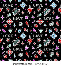 Old school tattoo seamless pattern with love symbols. Vector illustration. Design For Valentine's Day, Stilts, Wrapping Paper, Packaging, Textiles 